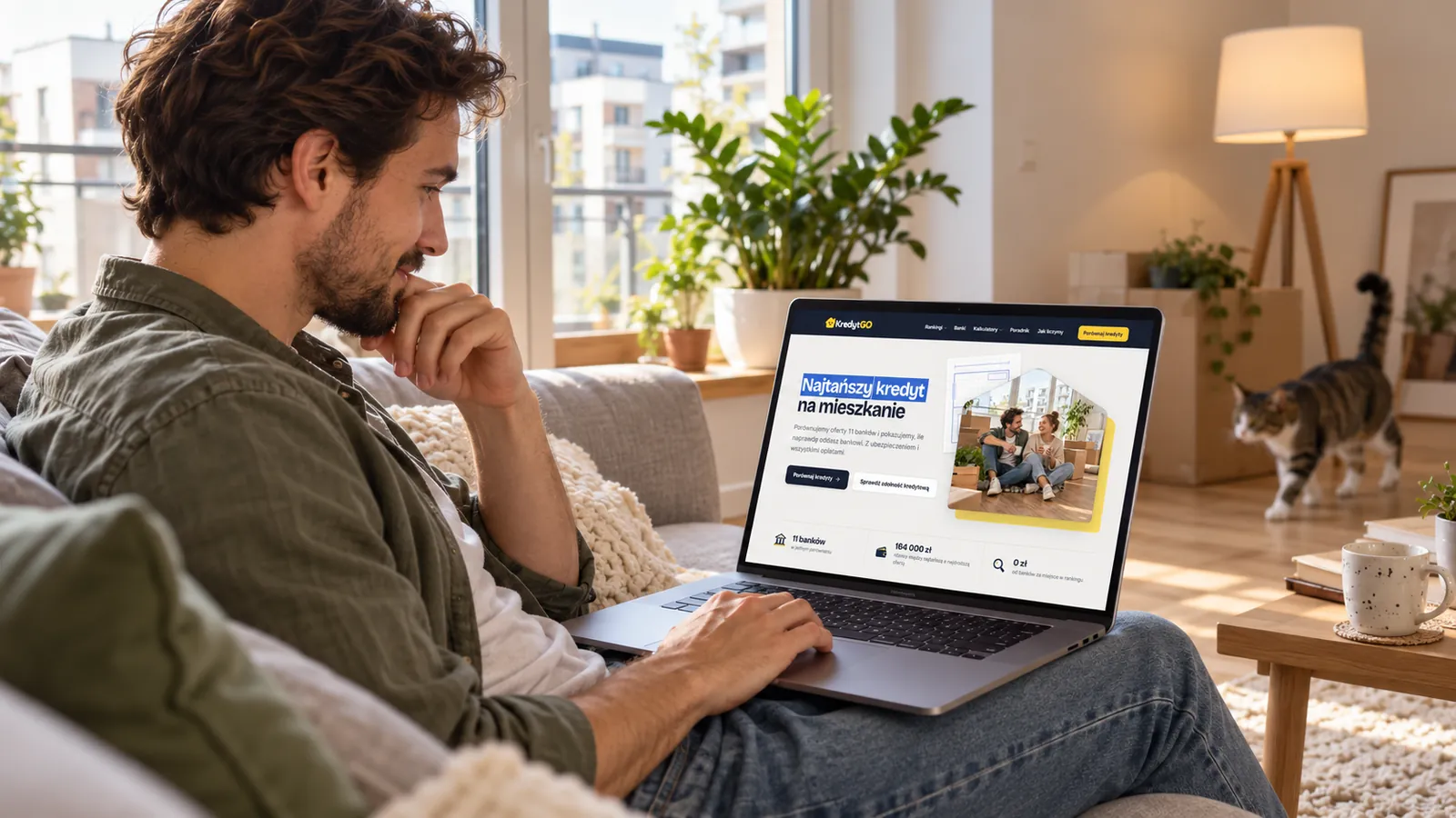 Mężczyzna na kanapie porównuje na laptopie kredyty hipoteczne w KredytGo